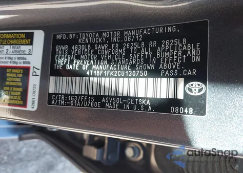2012 Toyota Camry Se from USA, damaged, VIN 4T1BF1FK2CU130750